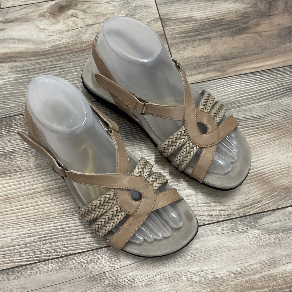 Abeo Betsy Sandals Women 7.5N Tan Leather Strappy Slide Boho Comfort Summer